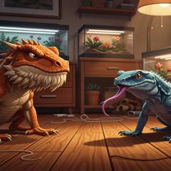 Bearded dragon with beard puffed black faces off against a blue-tongued skink flashing its tongue on an unfamiliar bedroom floor