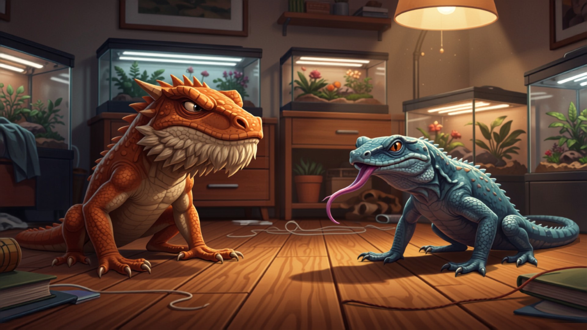 Bearded dragon with beard puffed black faces off against a blue-tongued skink flashing its tongue on an unfamiliar bedroom floor