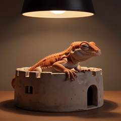 A bearded dragon perched contentedly inside a small ceramic turret ornament, warmed by terrarium lamp light.
