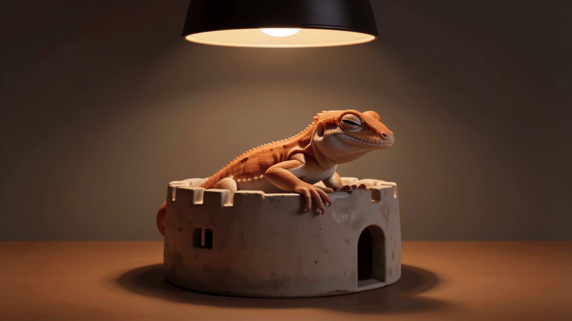 A bearded dragon perched contentedly inside a small ceramic turret ornament, warmed by terrarium lamp light.