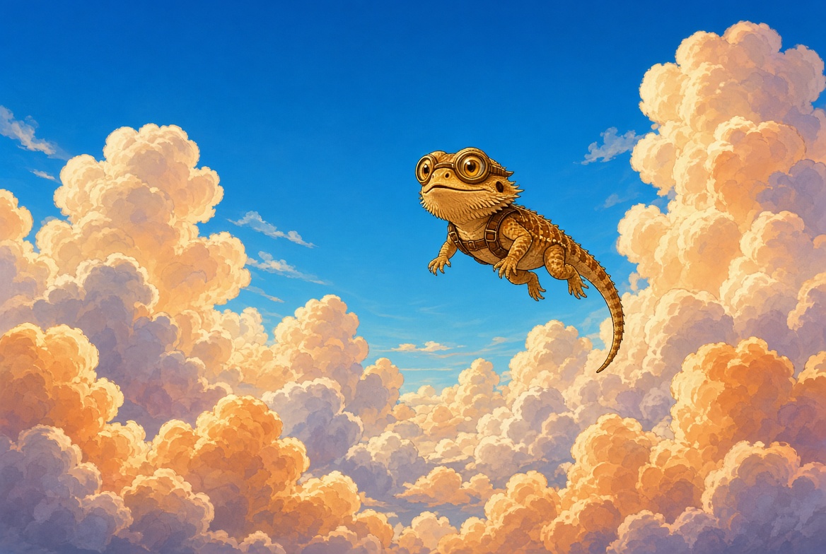 An illustrated bearded dragon gliding through clouds with its throat beard flared open wide like a parachute.