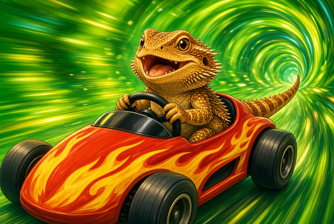 An illustrated bearded dragon behind the wheel of a small race car speeding through a glowing glass tunnel.