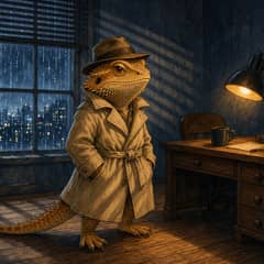 An illustrated bearded dragon in a trench coat and fedora, standing in a shadowy office with venetian blind light.