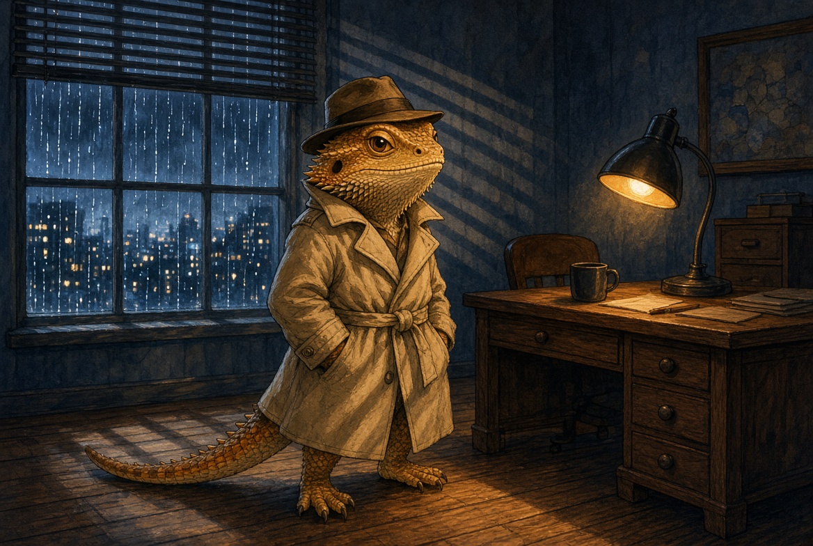 An illustrated bearded dragon in a trench coat and fedora, standing in a shadowy office with venetian blind light.
