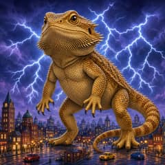An illustrated giant bearded dragon towering over a small toy-scale city street at night, lightning in the sky.