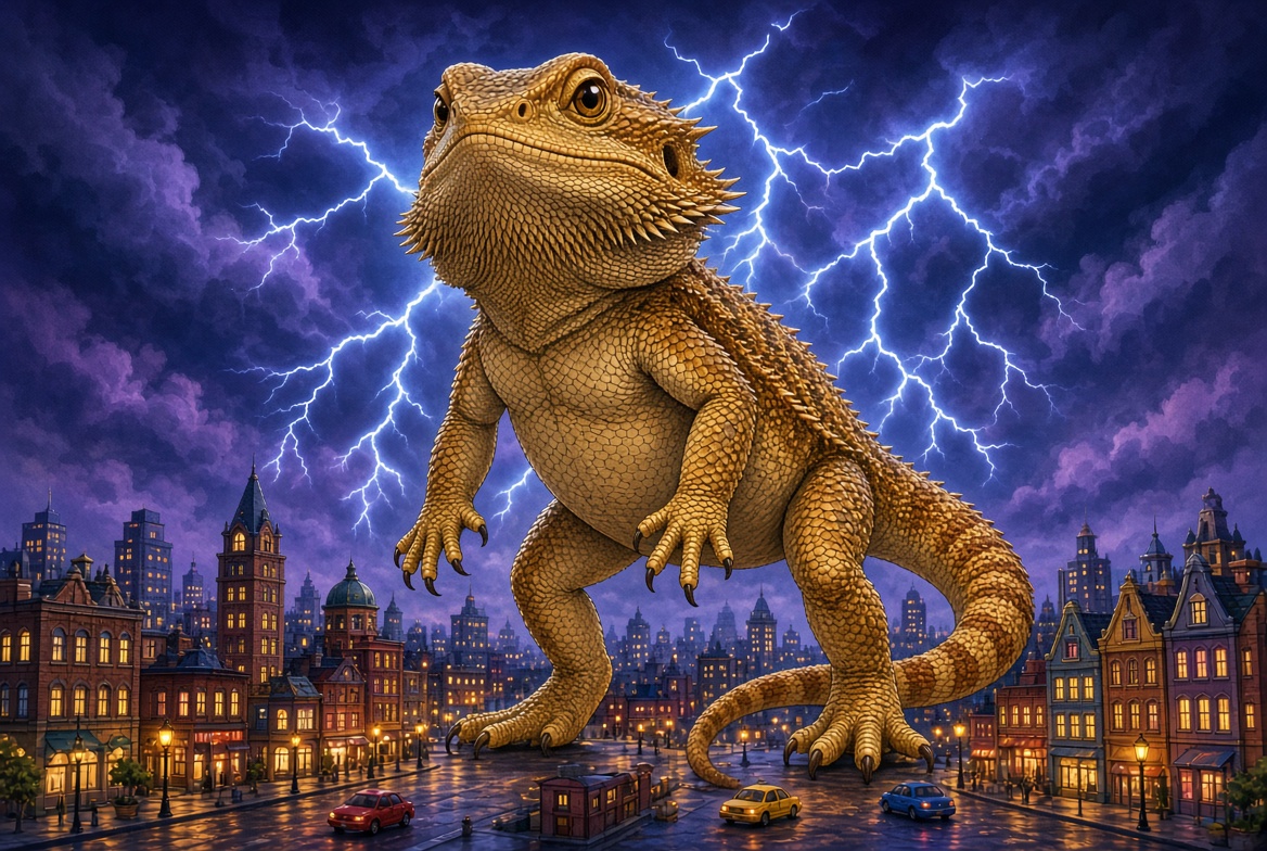 An illustrated giant bearded dragon towering over a small toy-scale city street at night, lightning in the sky.