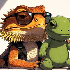 A bearded dragon chilling with his new friend the iguana