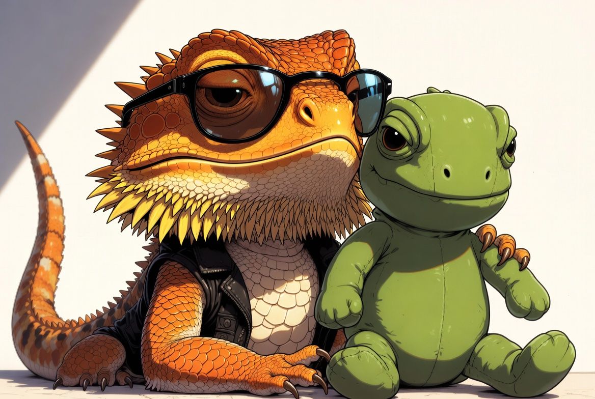 A bearded dragon chilling with his new friend the iguana