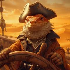 Bearded dragon pirate captain gripping the wheel as a golden sand sea rolls to the horizon