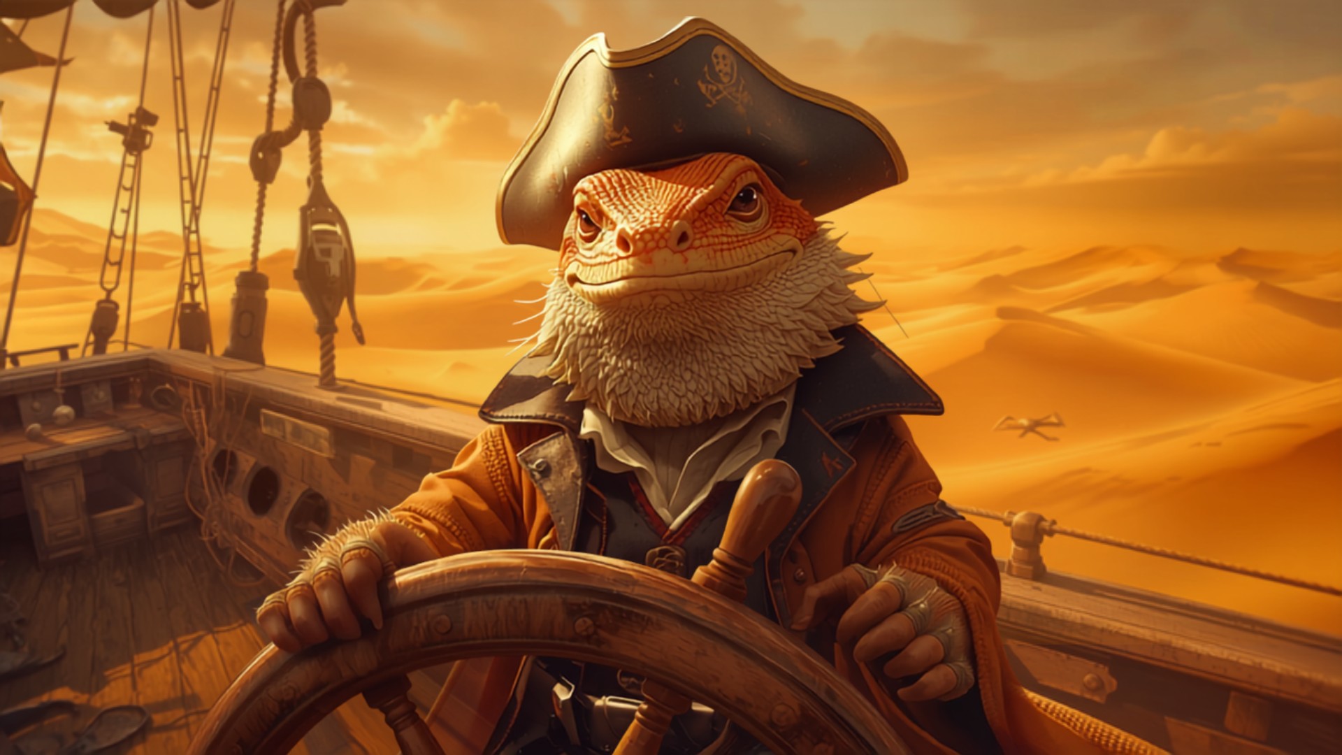 Bearded dragon pirate captain gripping the wheel as a golden sand sea rolls to the horizon