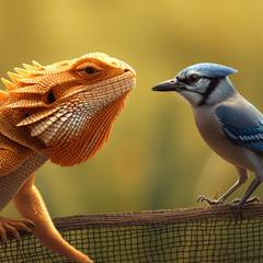 Bearded dragon flares his beard at an unbothered blue jay perched at the edge of an outdoor mesh sun pen
