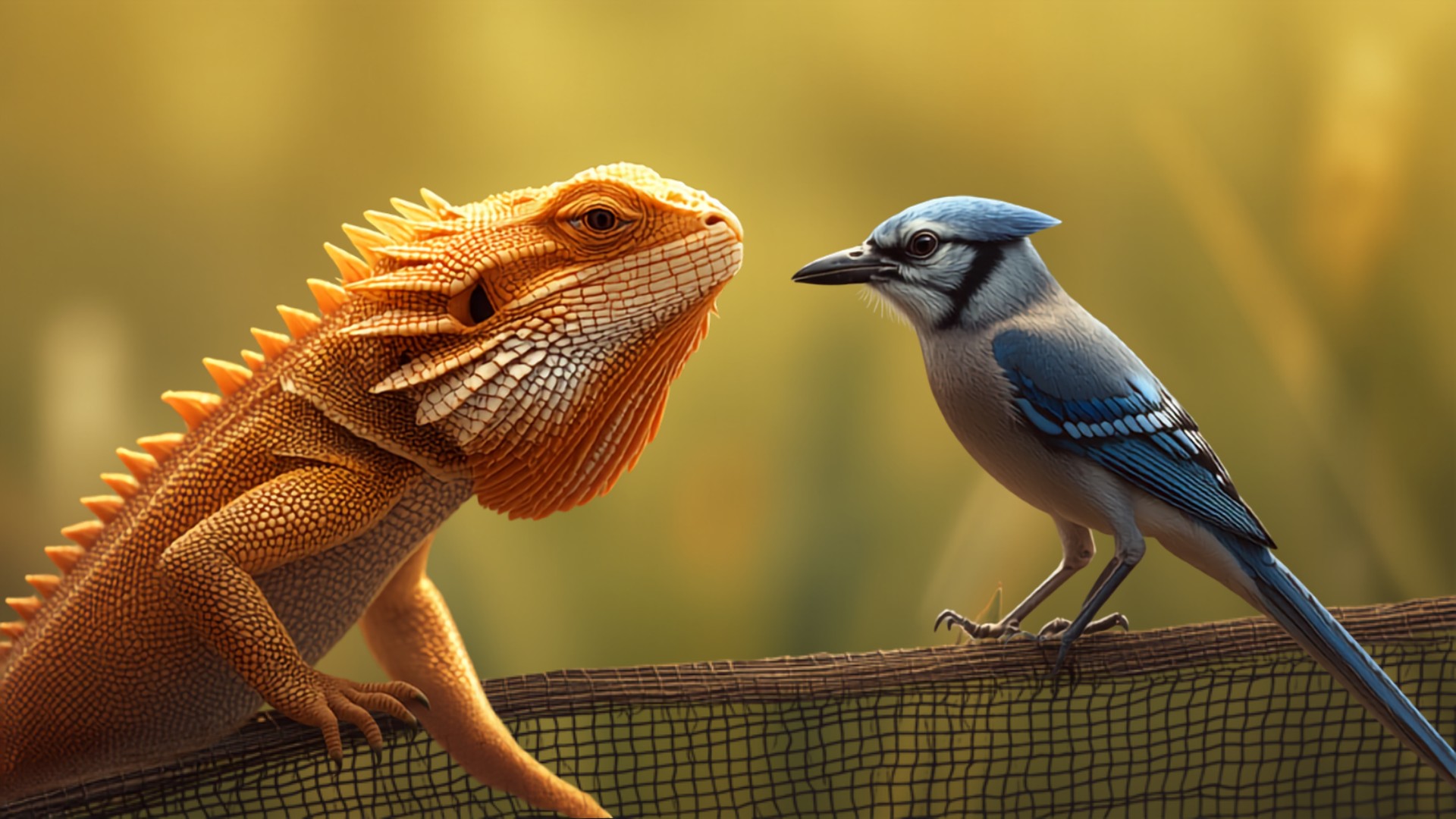 Bearded dragon flares his beard at an unbothered blue jay perched at the edge of an outdoor mesh sun pen