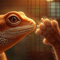 A bearded dragon watches through terrarium glass as an orange cat's paw presses against the screen lid from just inches away