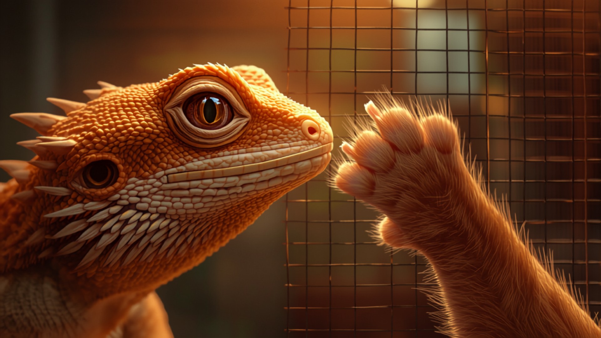 A bearded dragon watches through terrarium glass as an orange cat's paw presses against the screen lid from just inches away