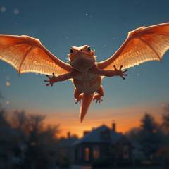 Bearded dragon soars on newly sprouted wings above his terrarium, house, and yard in a dream of flight