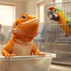 Bearded dragon watches regally from his travel tub as a squawking parrot holds court in a crowded vet waiting room