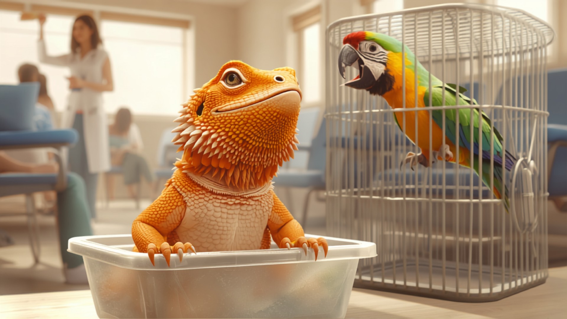 Bearded dragon watches regally from his travel tub as a squawking parrot holds court in a crowded vet waiting room