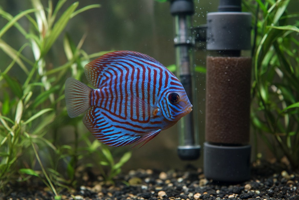 Discus fish swimming in a tall, well-filtered planted aquarium