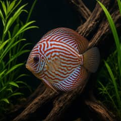 A group of discus hanging together among tall plant stems and vertical driftwood