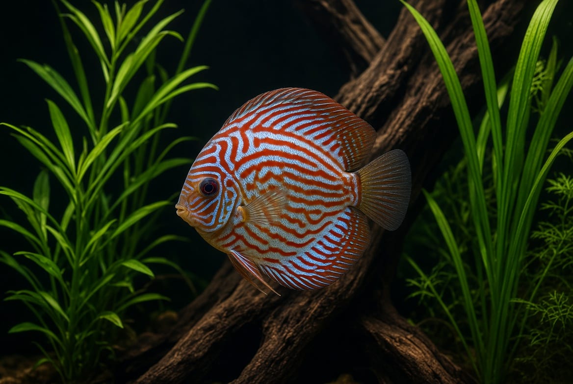 A group of discus hanging together among tall plant stems and vertical driftwood