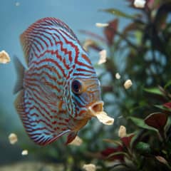 Discus fish feeding on frozen bloodworms near the middle of the water column