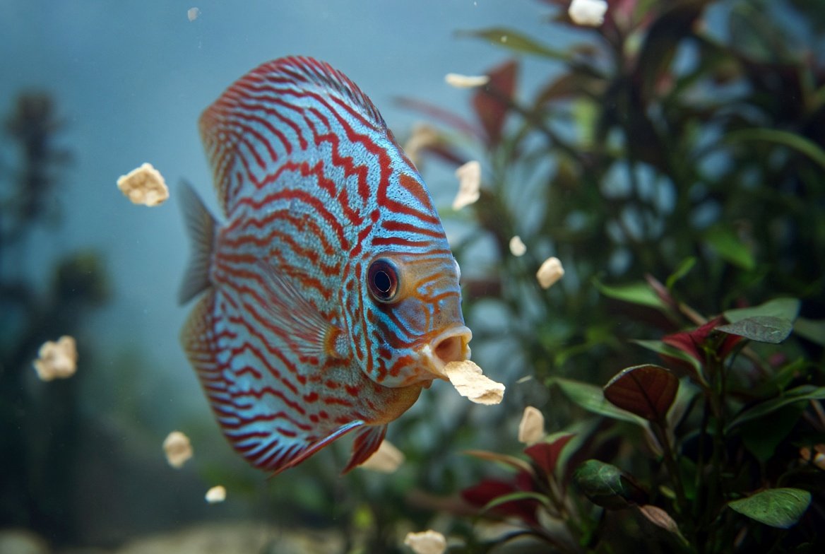 Discus fish feeding on frozen bloodworms near the middle of the water column