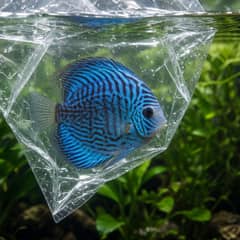 A group of discus fish schooling together in a planted aquarium