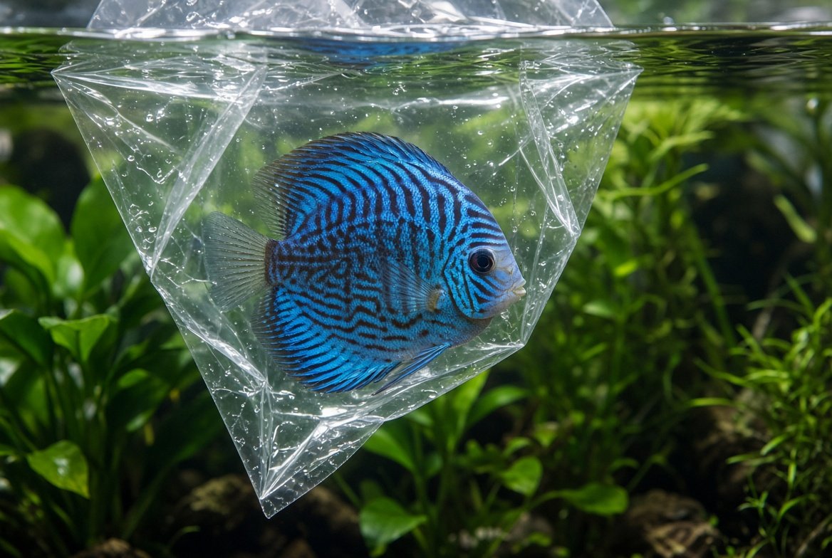A group of discus fish schooling together in a planted aquarium