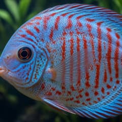 Discus fish in a clean, well-filtered tank showing healthy fins and coloring