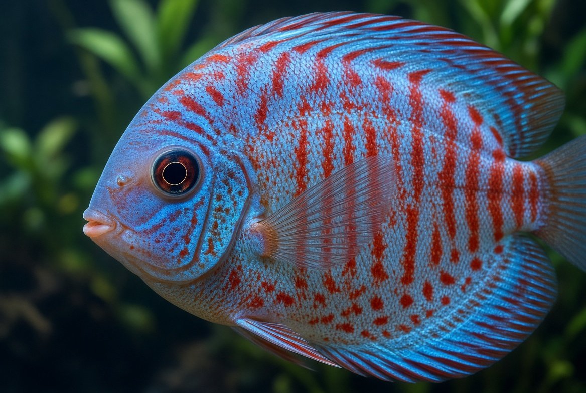 Discus fish in a clean, well-filtered tank showing healthy fins and coloring