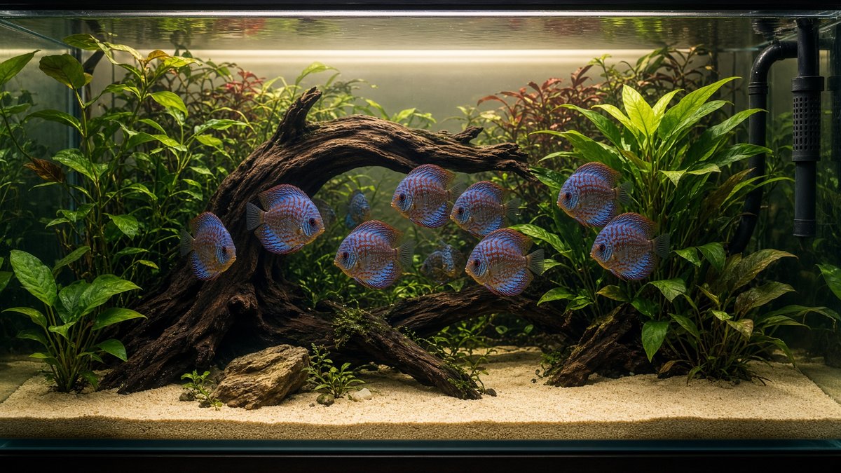 Tall discus aquarium with driftwood, broadleaf plants, and visible filtration equipment