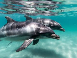 A bottlenose dolphin swimming just below the surface in clear blue water, photographed from the side in daylight