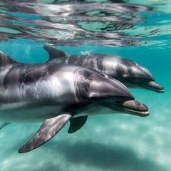 A bottlenose dolphin swimming just below the surface in clear blue water, photographed from the side in daylight