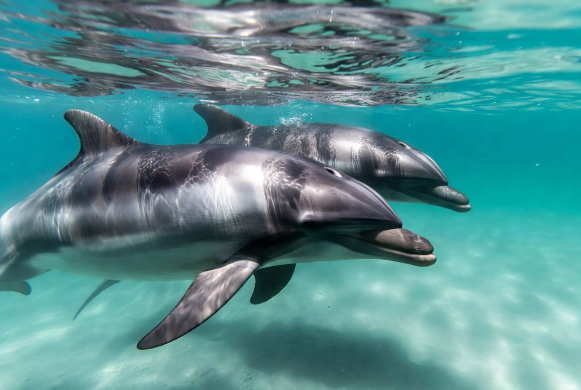 A bottlenose dolphin swimming just below the surface in clear blue water, photographed from the side in daylight