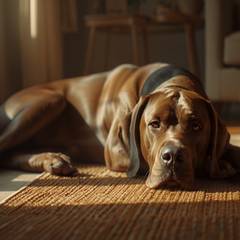Large deep-chested dog resting calmly indoors after a meal