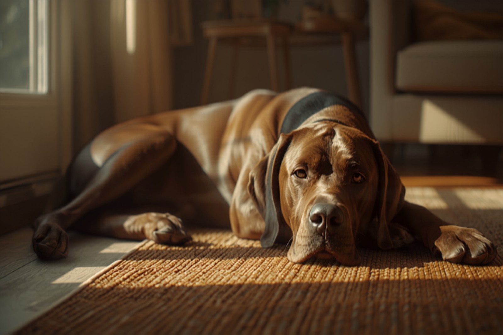 Large deep-chested dog resting calmly indoors after a meal