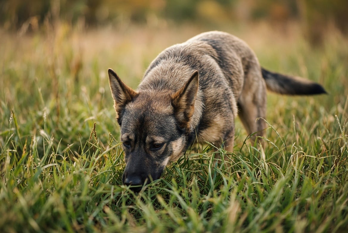 A dog nose-down working a scent trail through long grass