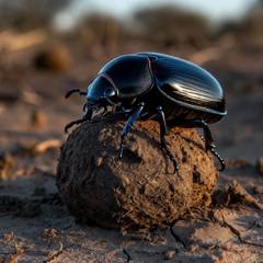 A black dung beetle standing on top of a ball of dung on dry African ground
