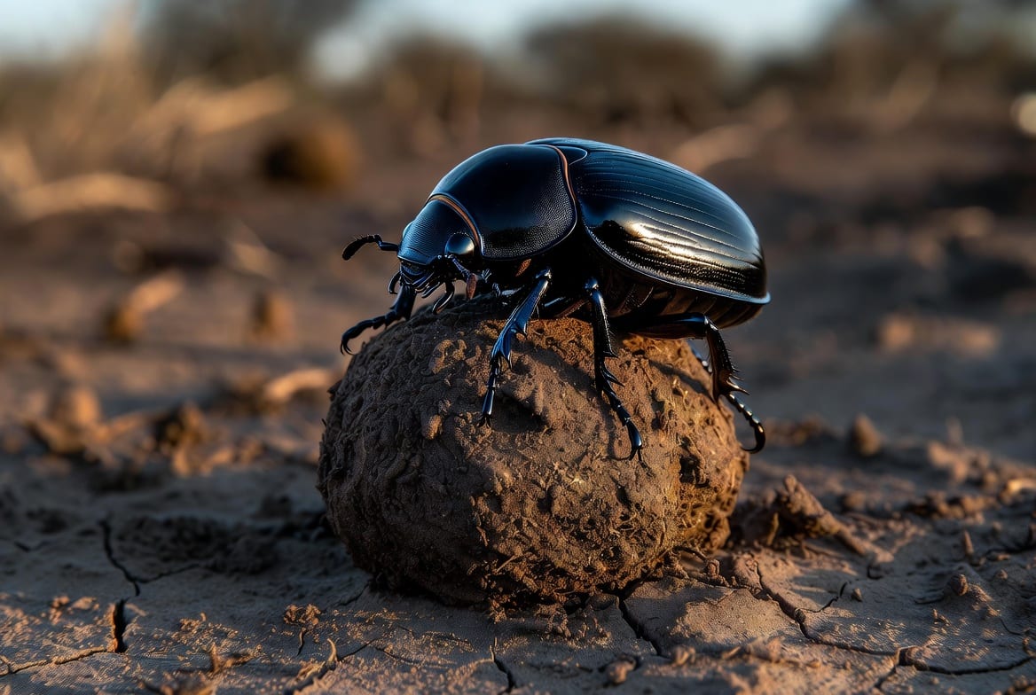 A black dung beetle standing on top of a ball of dung on dry African ground