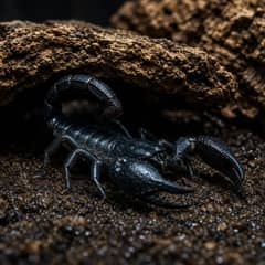 A black emperor scorpion emerging from a burrow under cork bark in deep damp substrate