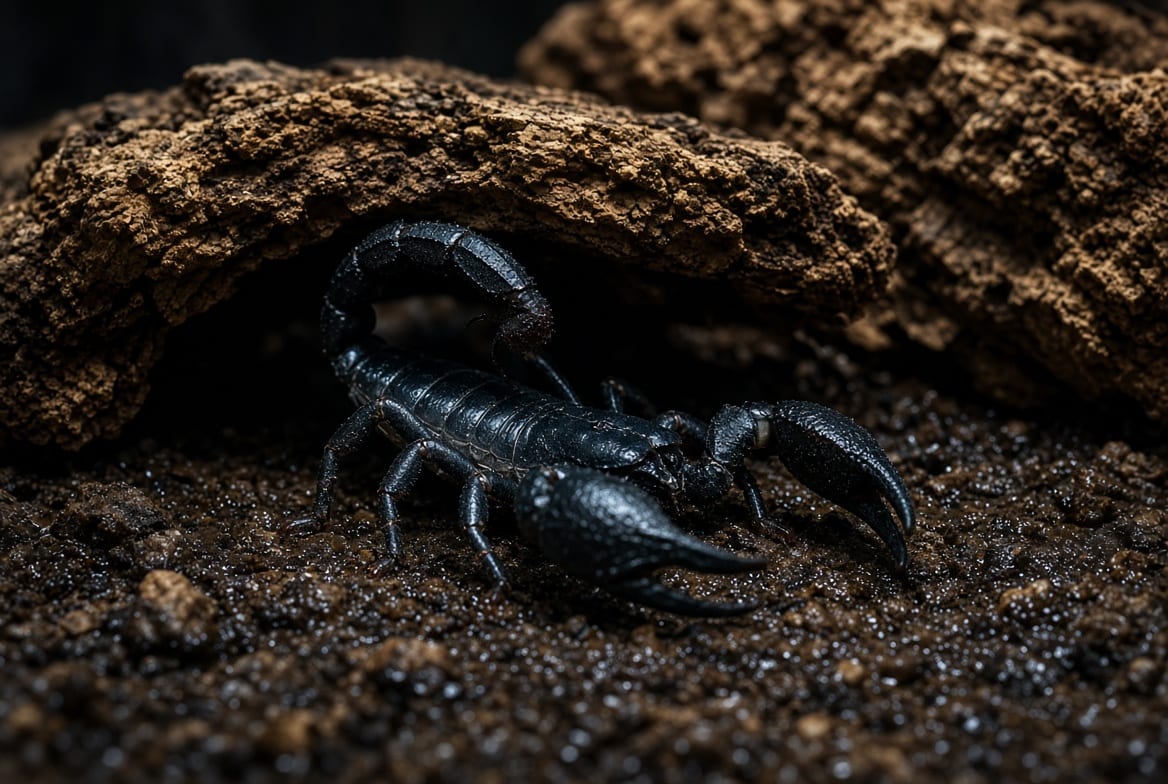 A black emperor scorpion emerging from a burrow under cork bark in deep damp substrate