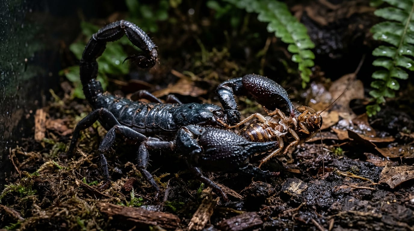 An emperor scorpion tearing apart a feeder insect with its pincers