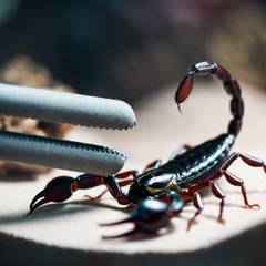 Emperor scorpion being gently guided with tongs during enclosure maintenance