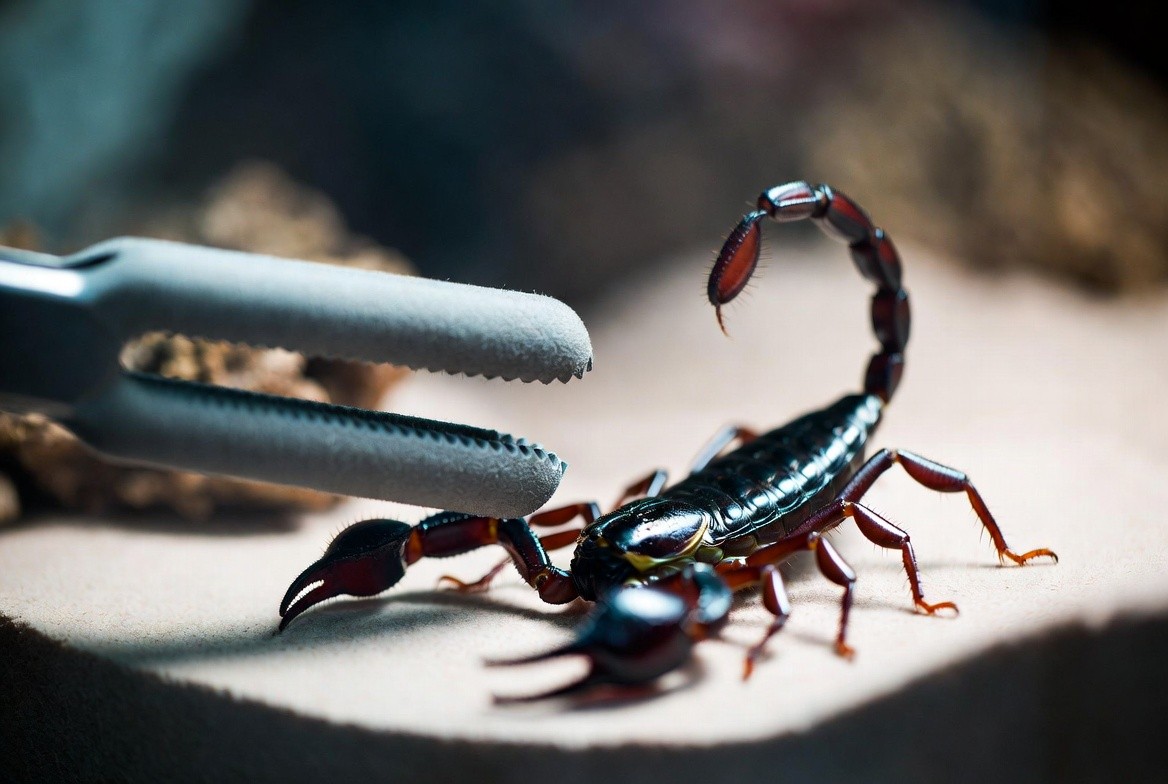 Emperor scorpion being gently guided with tongs during enclosure maintenance
