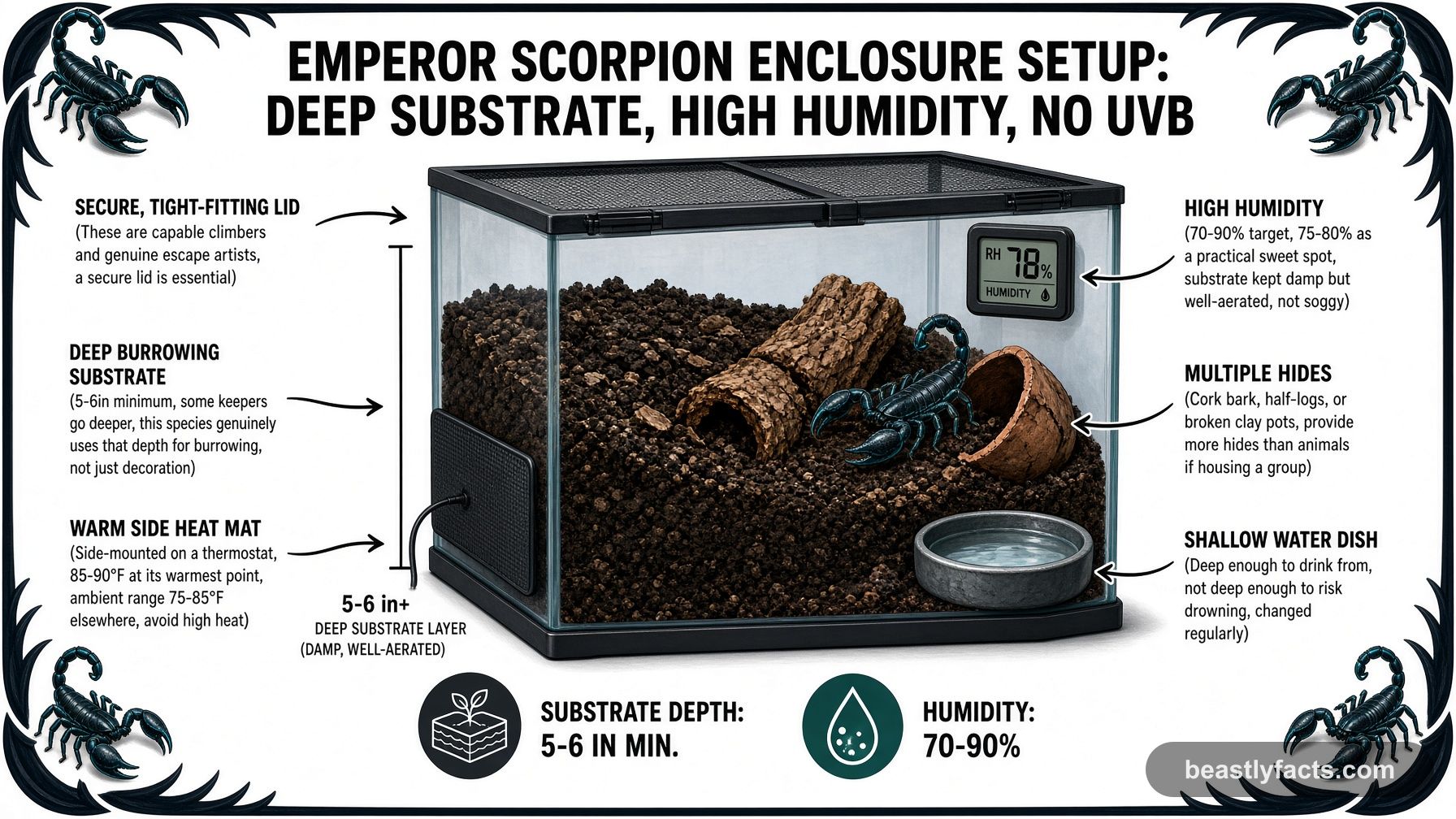Labeled diagram of an emperor scorpion enclosure showing deep burrowing substrate, high humidity, multiple hides, and a warm side heat mat