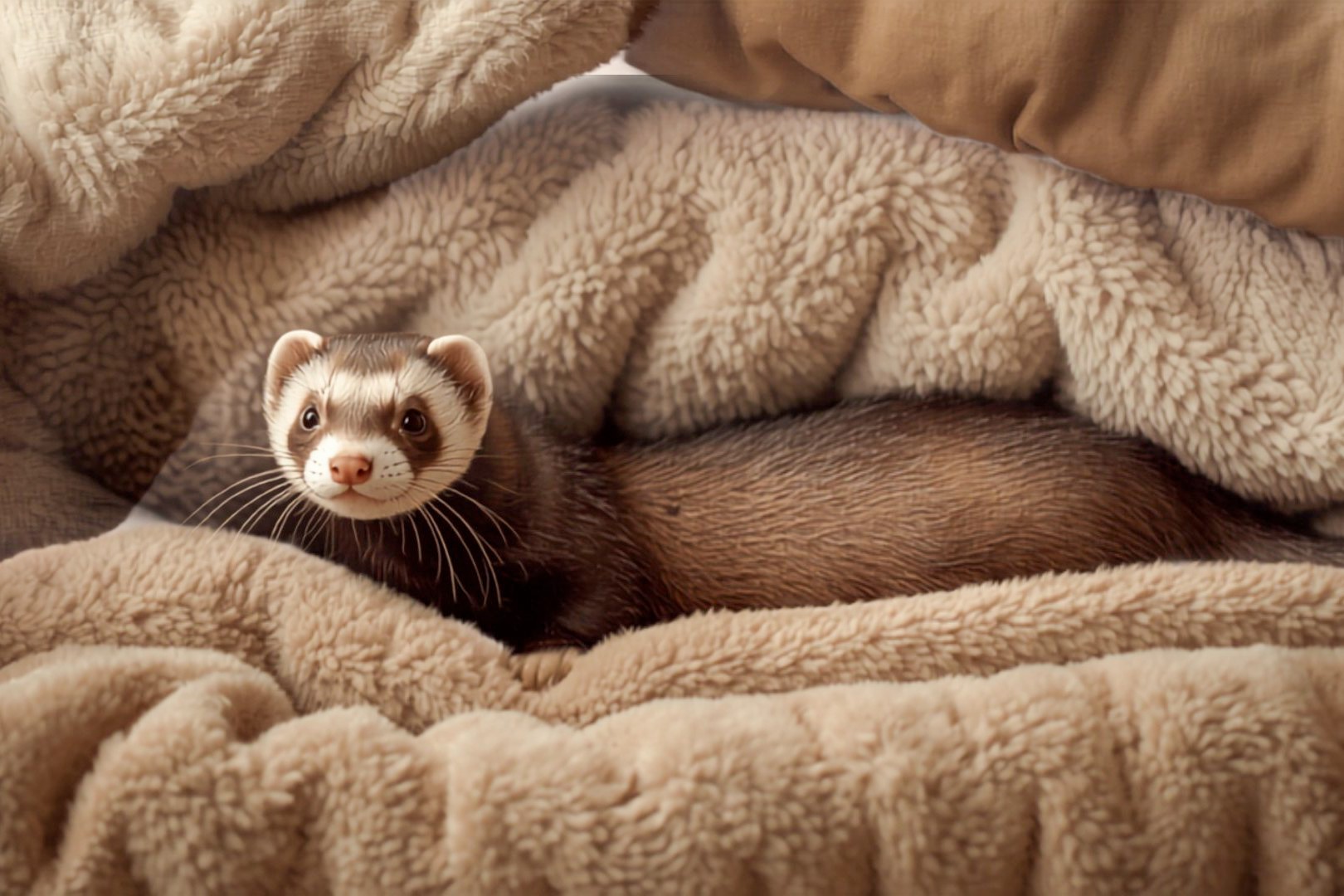 Ferret in a cozy indoor habitat, alert and healthy