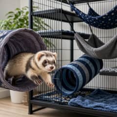 A ferret mid-leap out of a fabric tunnel in a multi-level enclosure