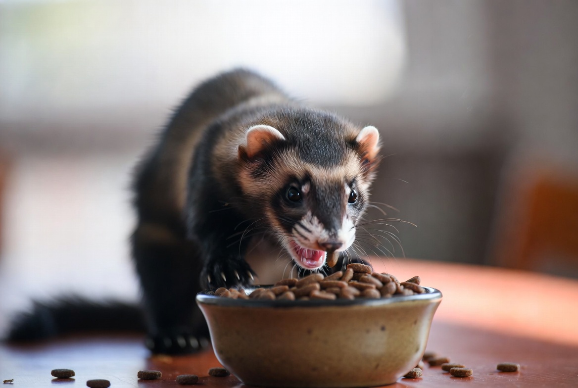 Ferret eating from a bowl of high-protein kibble