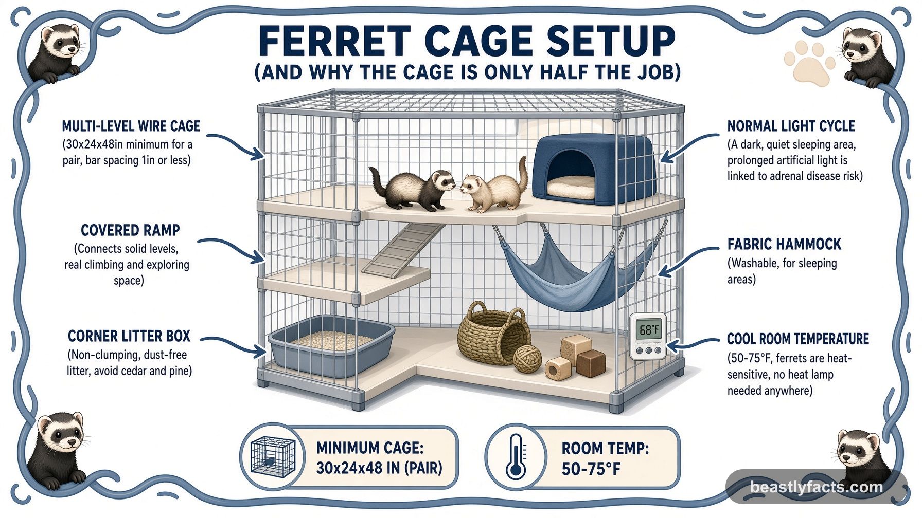 Labeled diagram of a multi-level ferret cage showing the covered ramp, fabric hammock, litter box, and cool room temperature