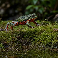 A green and black fire-bellied toad mid-leap toward a cricket on a mossy bank beside shallow water
